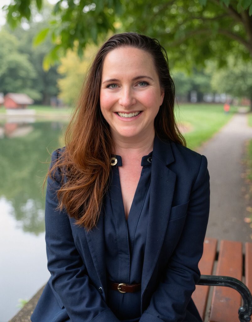 pond headshot trenchcoat Shawna Thompson smiling in front of pond